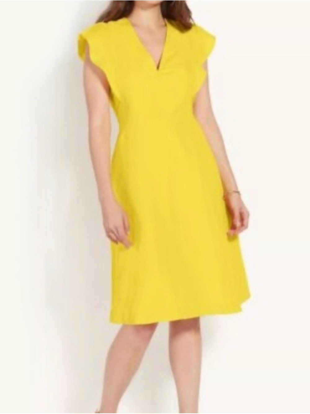 Ann Taylor Yellow V-Neck Midi Flare Linen Blend Dress Flutter Sleeves Women’s 4